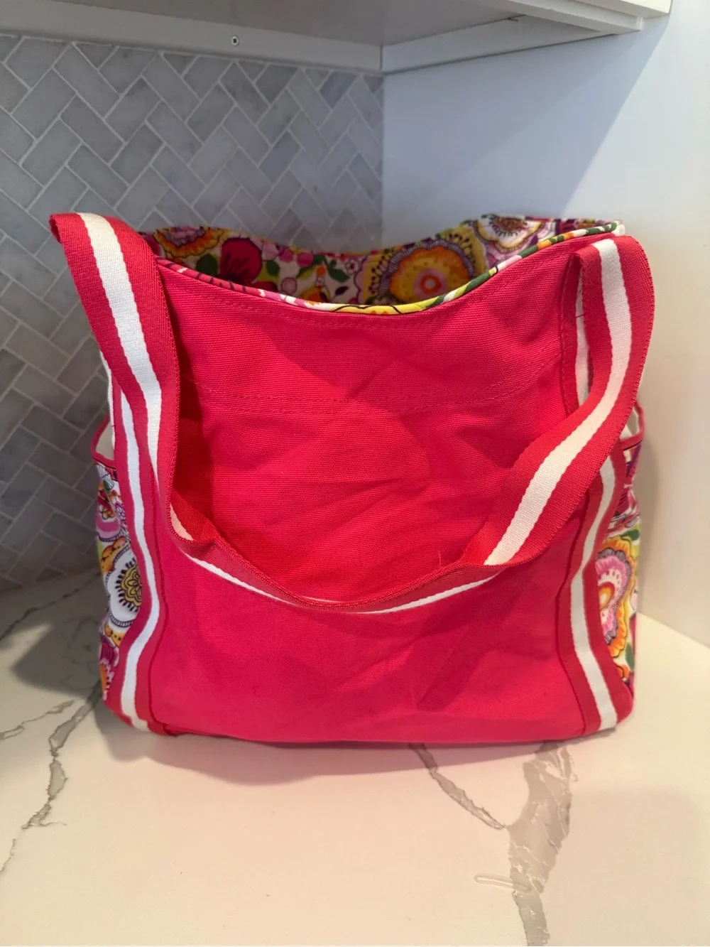 Vera Bradley Bright Pink Canvas Tote Bag with White Stripe Handles floral accent